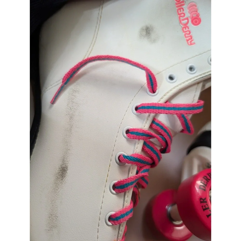Vtg ROLLER DERBY Rollers Roller Skates White Neon Pink 4-Wheel 80s box Sz 8 - Picture 4 of 7